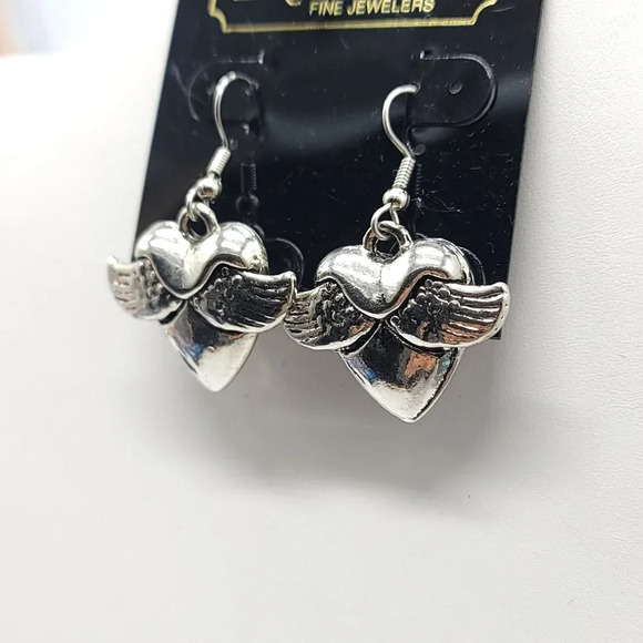 Lindenwold Silver Tone Winged Heart Dangle Earrings Halloween - Picture 2 of 4